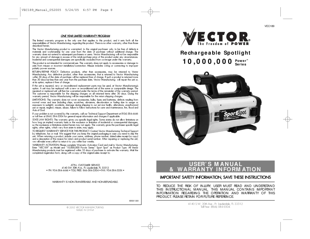 Vector VEC189 user manual 10,000,000 PowerSeries 