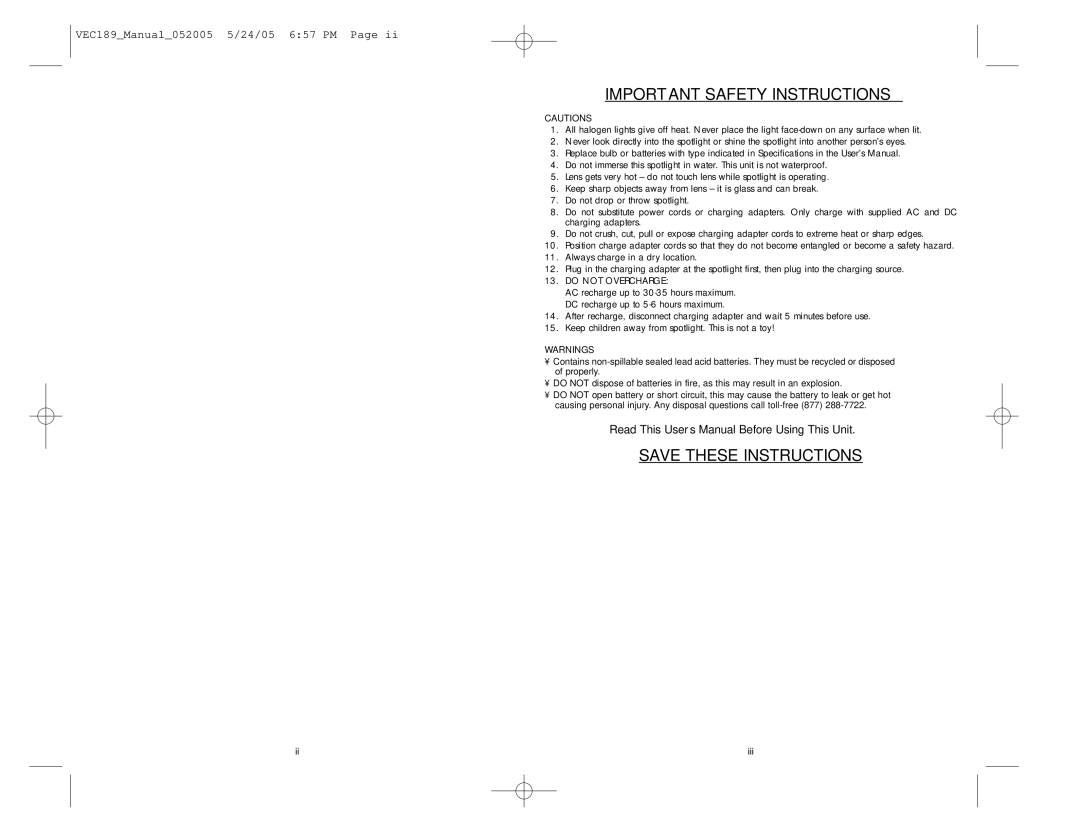 Vector VEC189 user manual Important Safety Instructions 