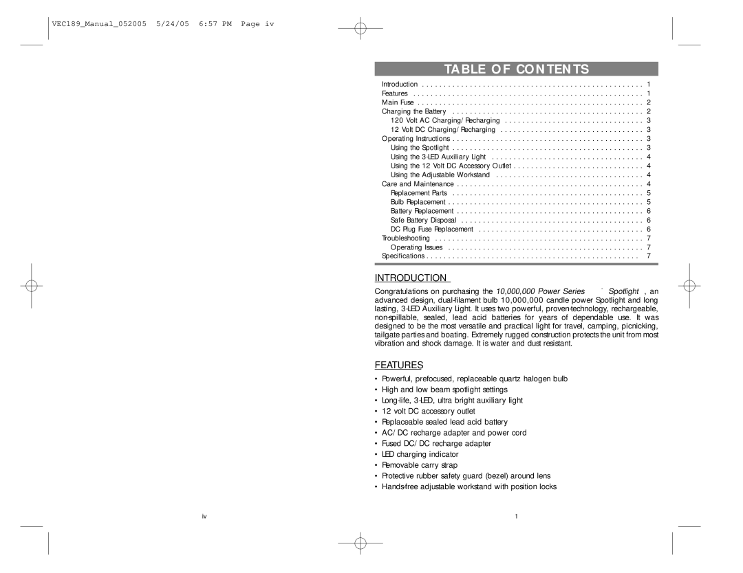 Vector VEC189 user manual Table of Contents 