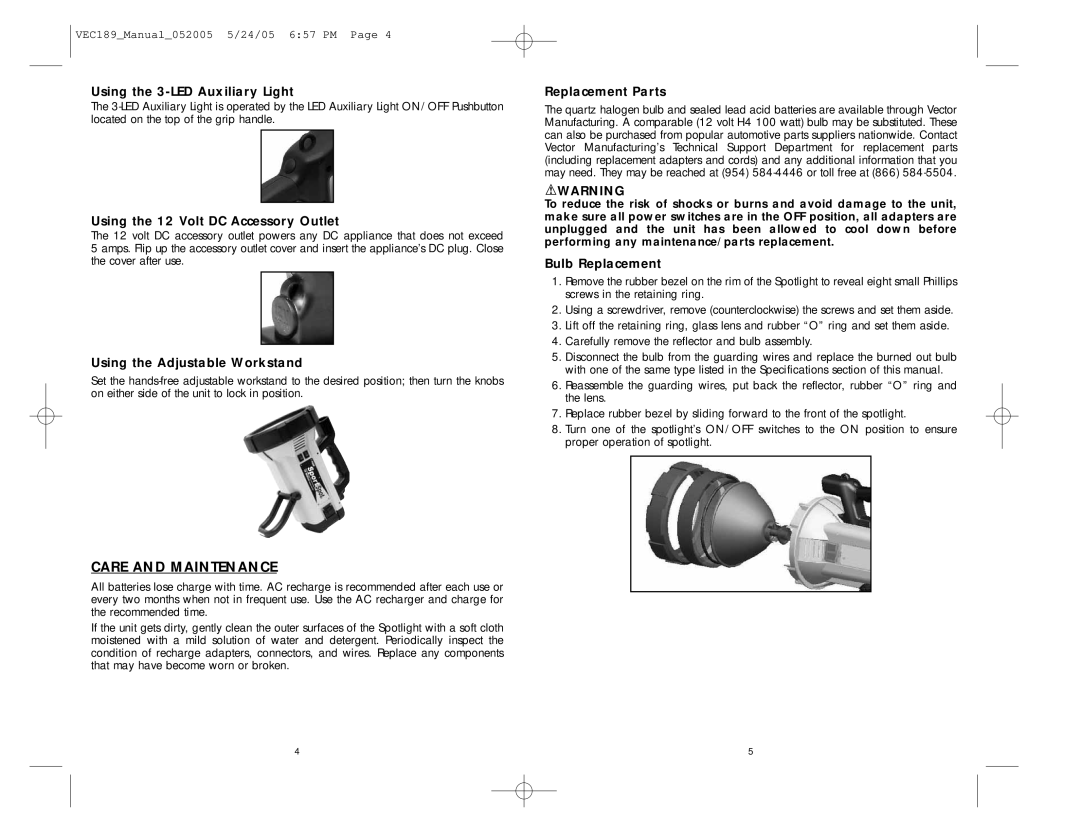 Vector VEC189 user manual Care and Maintenance 