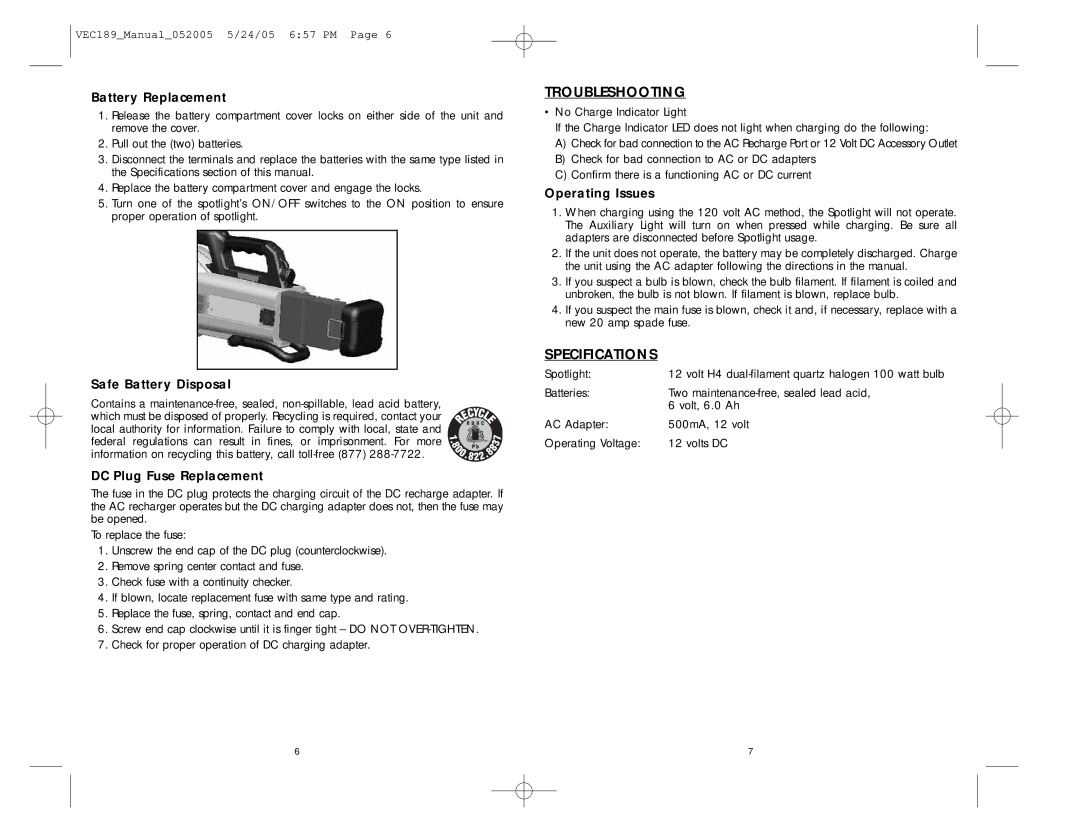 Vector VEC189 user manual Troubleshooting, Specifications 