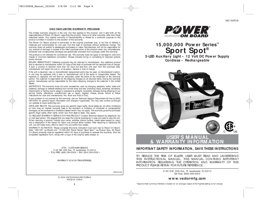 Vector user manual VEC190POBManual022406 3/8/06 313 PM, ONE Year Limited Warranty Program 