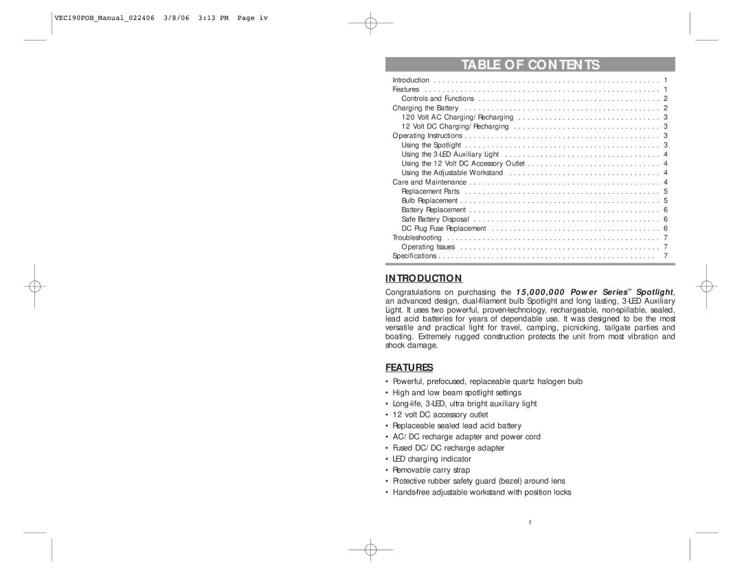 Vector VEC190POB user manual Table of Contents 