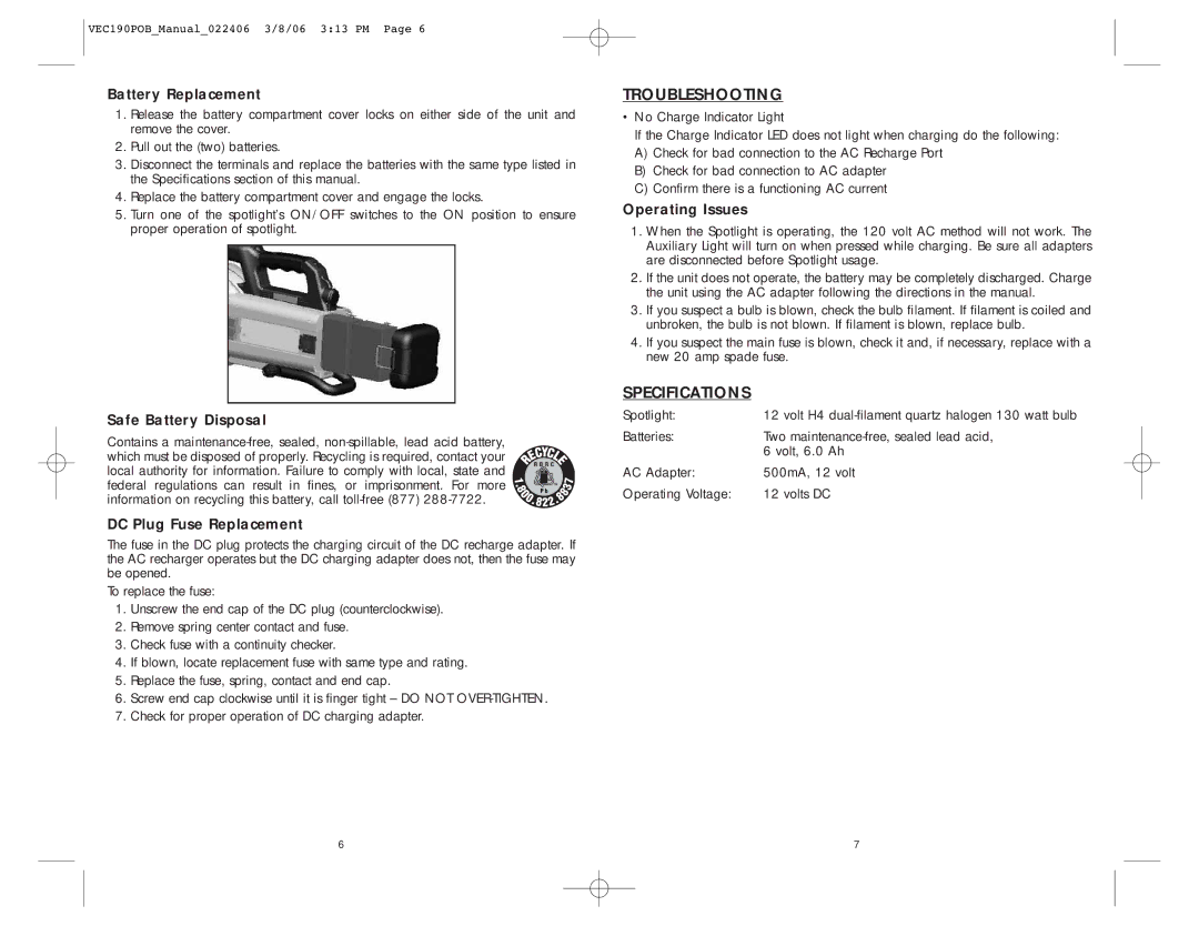 Vector VEC190POB user manual Troubleshooting, Specifications 