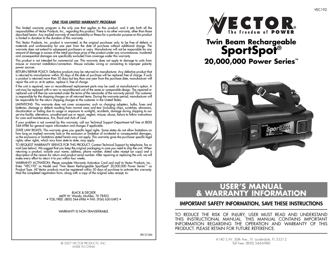 Vector VEC192 user manual SportSpot 