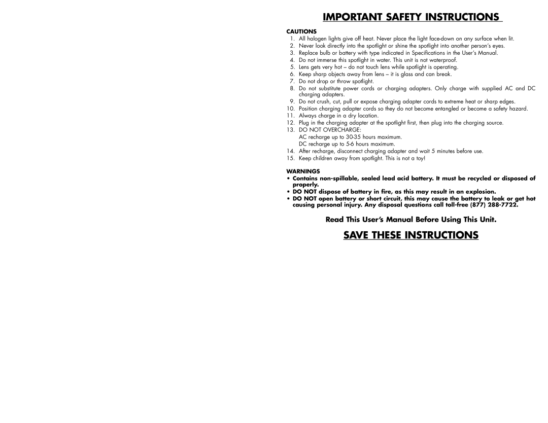 Vector VEC192 user manual Important Safety Instructions 