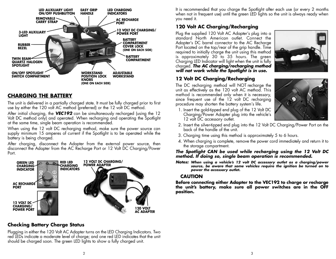 Vector VEC192 user manual Charging the Battery, Volt AC Charging/Recharging, Volt DC Charging/Recharging 