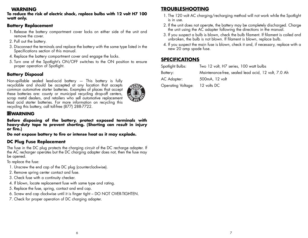 Vector VEC192 user manual Troubleshooting, Specifications, Battery Replacement, Battery Disposal, DC Plug Fuse Replacement 