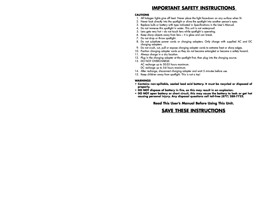 Vector VEC192 user manual Important Safety Instructions, Save These Instructions 