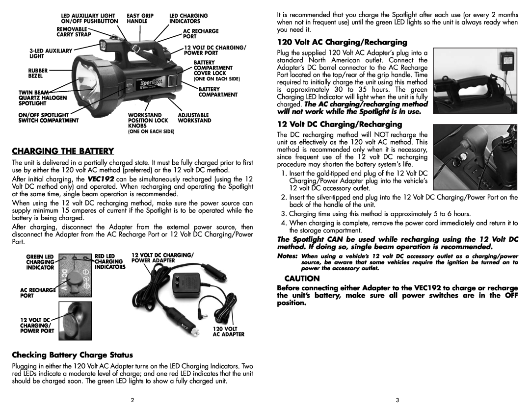 Vector VEC192 user manual Charging The Battery, Volt AC Charging/Recharging, Volt DC Charging/Recharging 