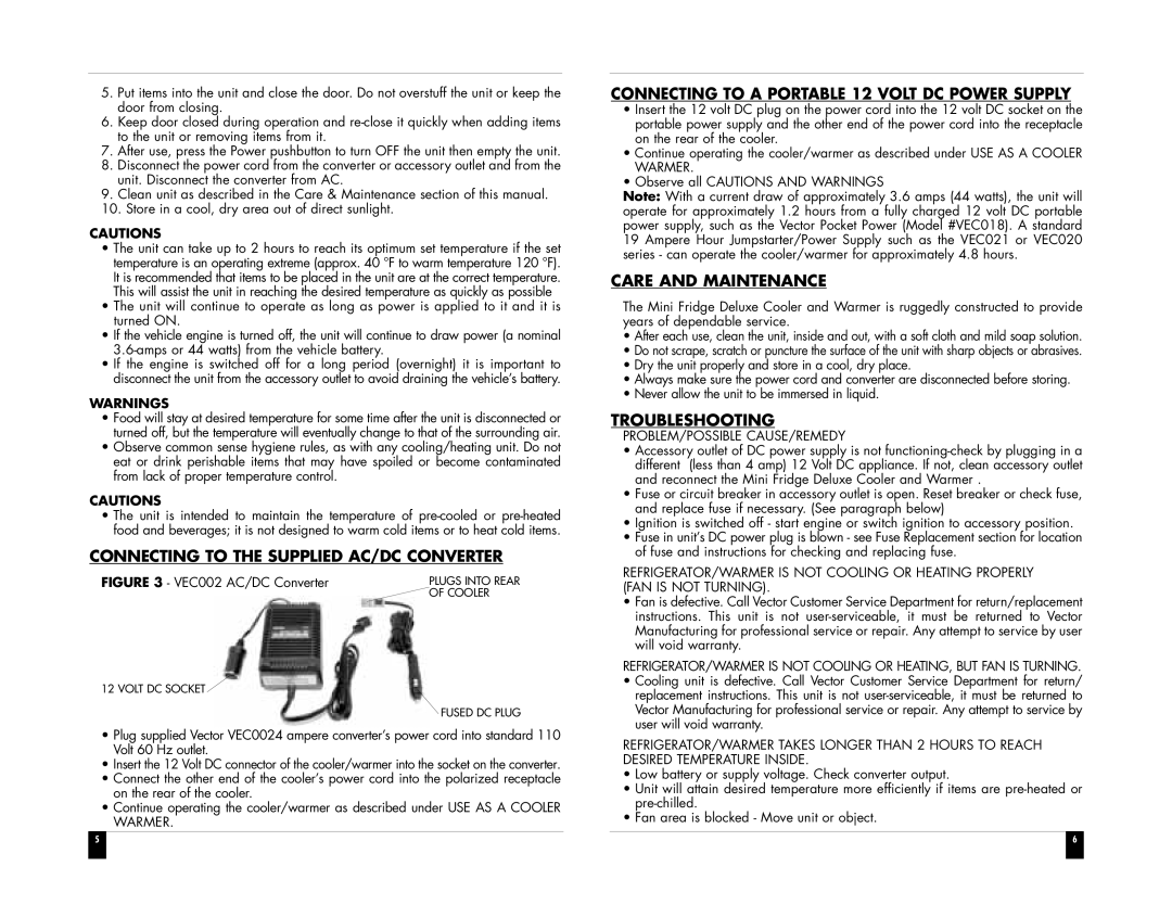 Vector VEC225 owner manual Connecting to the Supplied AC/DC Converter, Connecting to a Portable 12 Volt DC Power Supply 