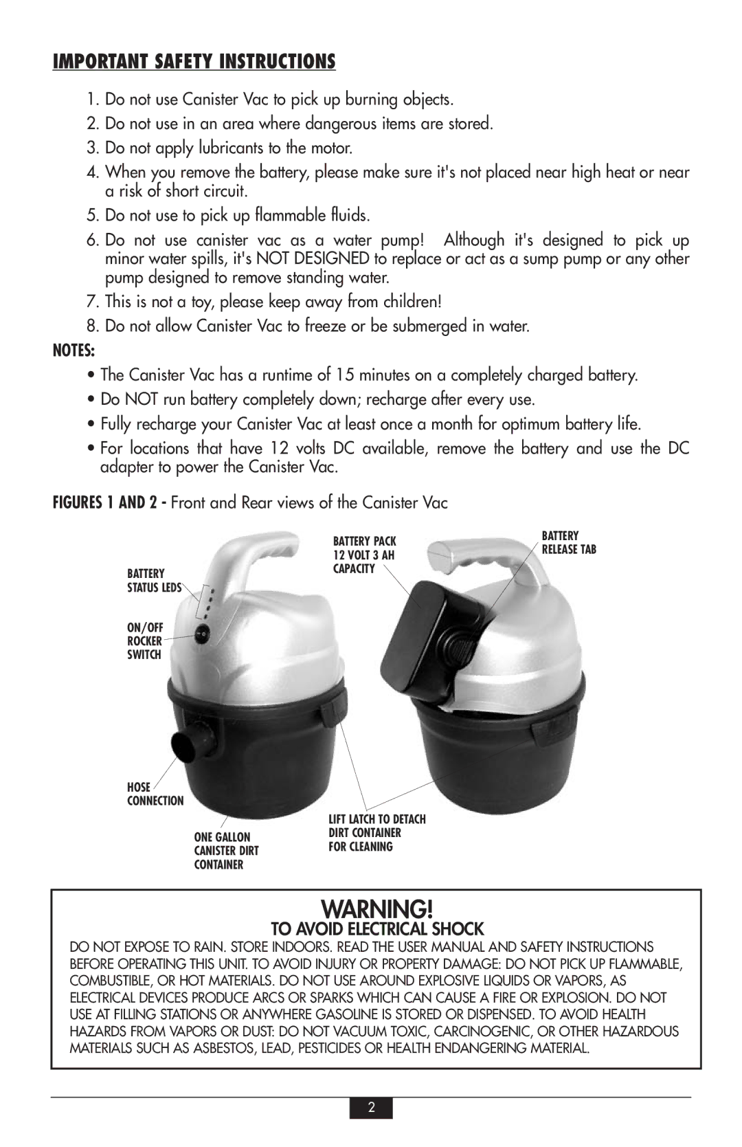 Vector VEC248 owner manual Important Safety Instructions, Figures 1 and 2 Front and Rear views of the Canister Vac 