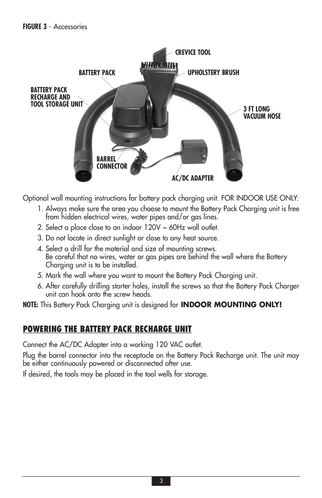 Vector VEC248 Powering the Battery Pack Recharge Unit, Crevice Tool Battery Pack, Barrel Connector AC/DC Adapter 