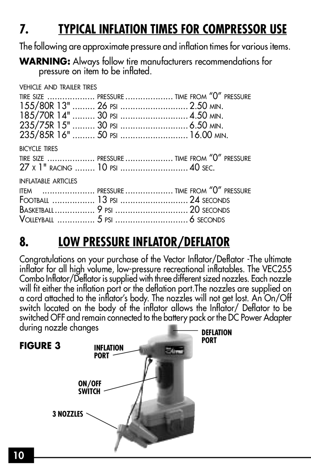 Vector VEC255 owner manual LOW Pressure INFLATOR/DEFLATOR, Typical Inflation Times for Compressor USE 