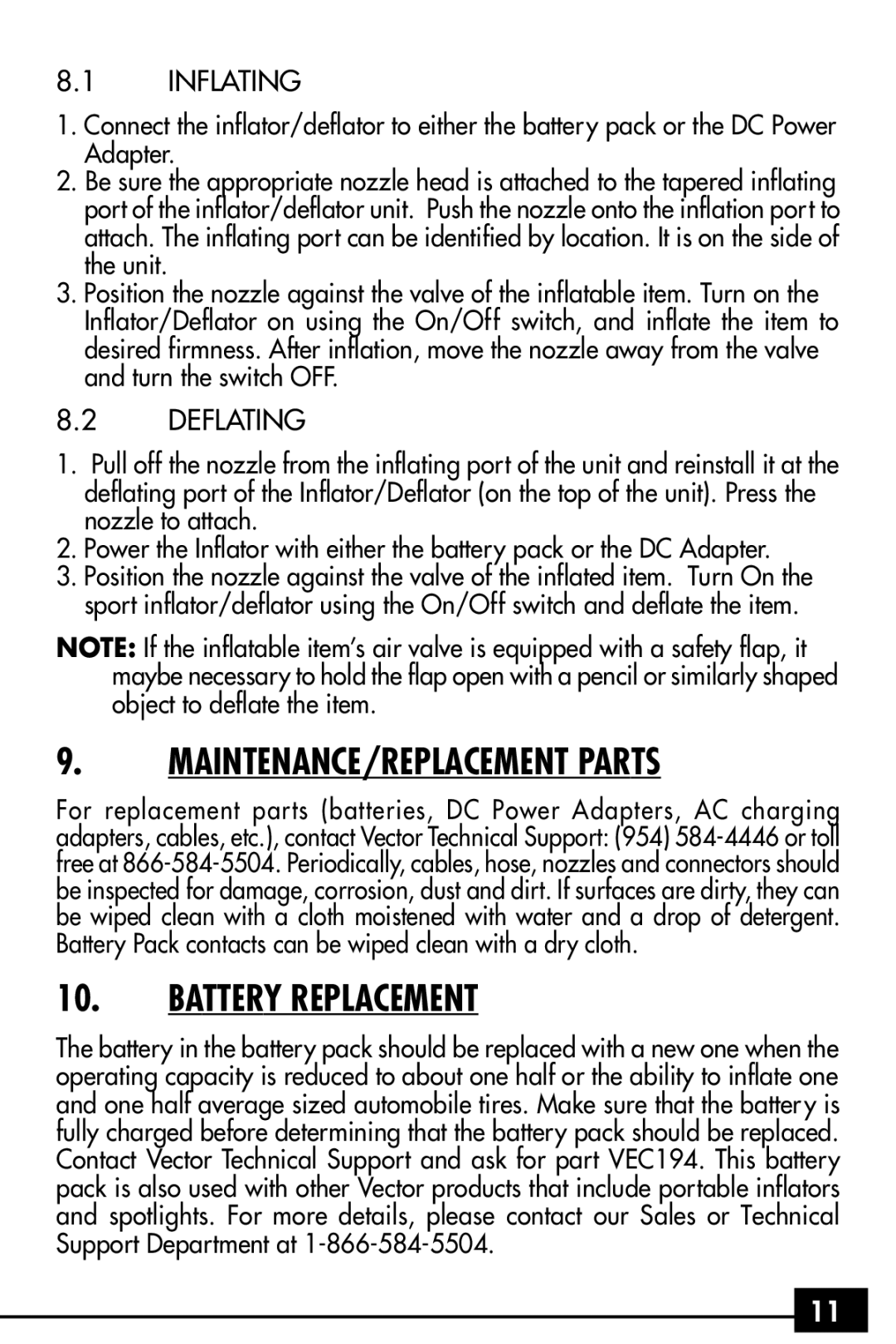 Vector VEC255 owner manual MAINTENANCE/REPLACEMENT Parts, Battery Replacement, Inflating, Deflating 