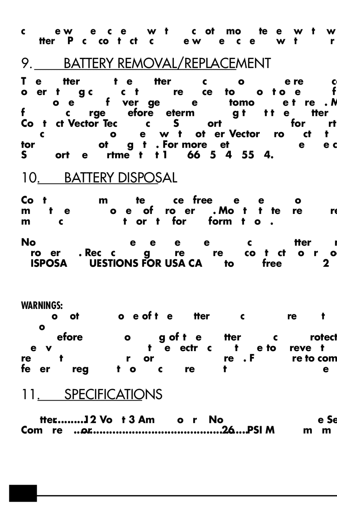 Vector VEC256 owner manual Battery REMOVAL/REPLACEMENT, Battery Disposal, Specifications 