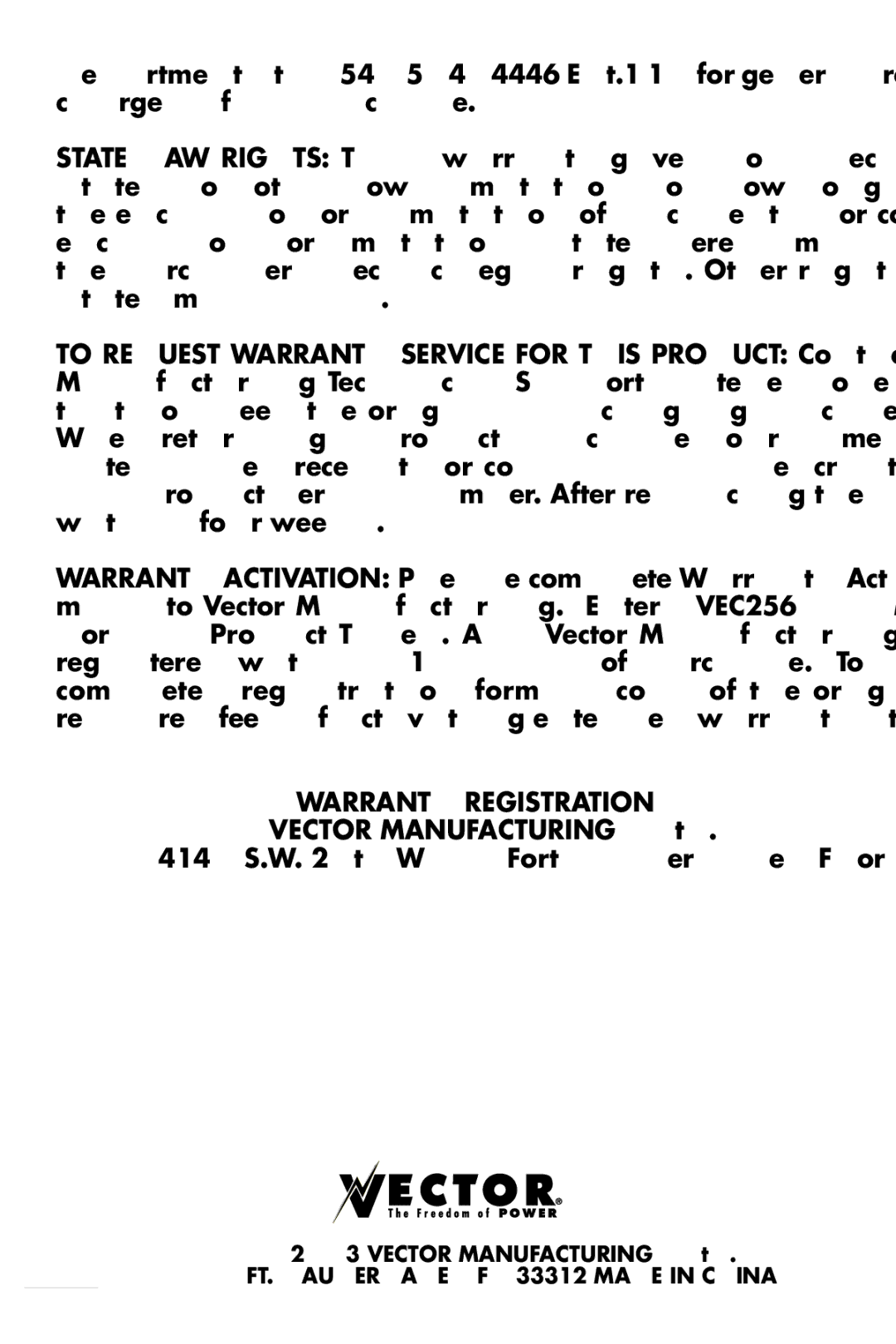 Vector VEC256 owner manual Warranty Registration 