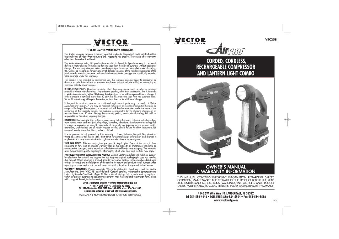 Vector VEC258 owner manual CORDED, Cordless Rechargeable Compressor Lantern Light Combo 