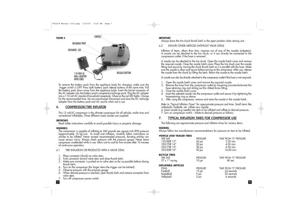 Vector VEC258 owner manual COMPRESSOR/TIRE Inflator, Typical Inflation Times for Compressor USE 