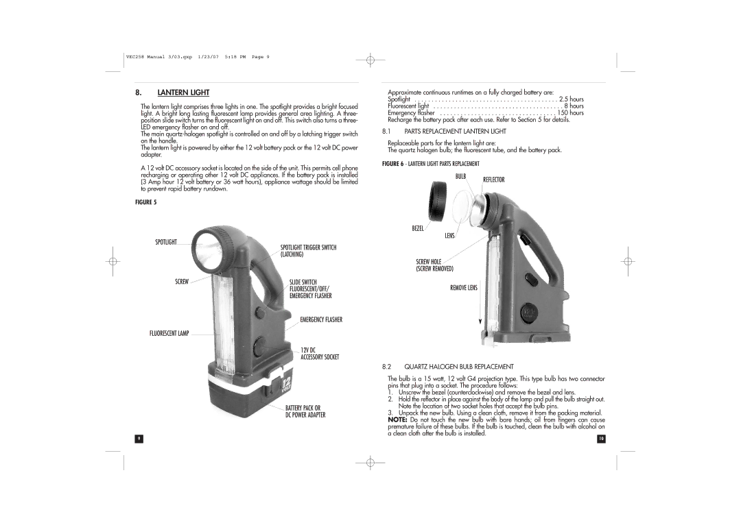 Vector VEC258 owner manual Lantern Light 