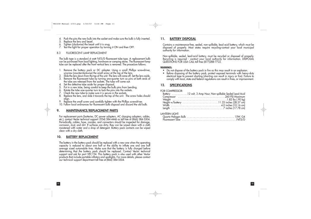 Vector VEC258 owner manual MAINTENANCE/REPLACEMENT Parts, Battery Replacement, Battery Disposal, Specifications 