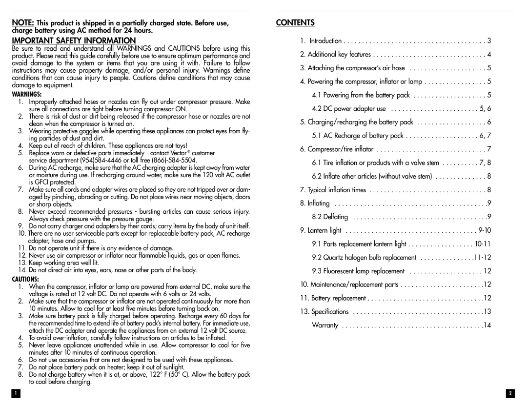 Vector VEC259 owner manual Important Safety Information, Contents 