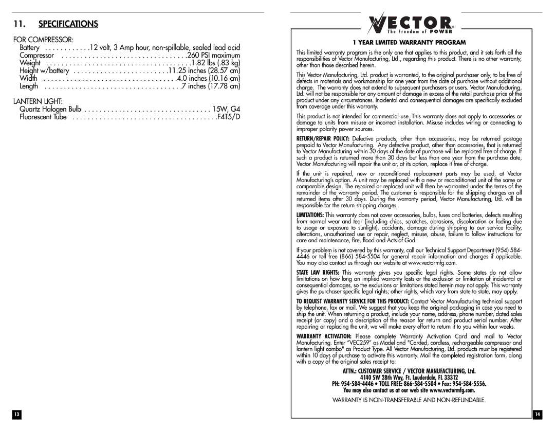 Vector VEC259 owner manual Specifications, For Compressor, Lantern Light 