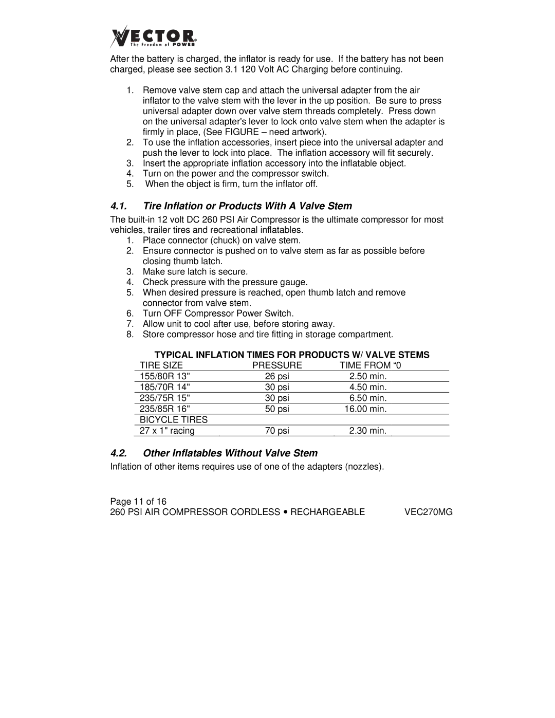 Vector VEC270MG owner manual Tire Inflation or Products With a Valve Stem, Other Inflatables Without Valve Stem 