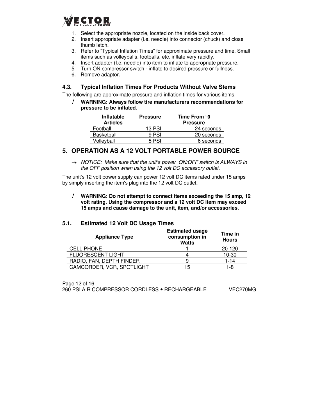 Vector VEC270MG Operation AS a 12 Volt Portable Power Source, Typical Inflation Times For Products Without Valve Stems 