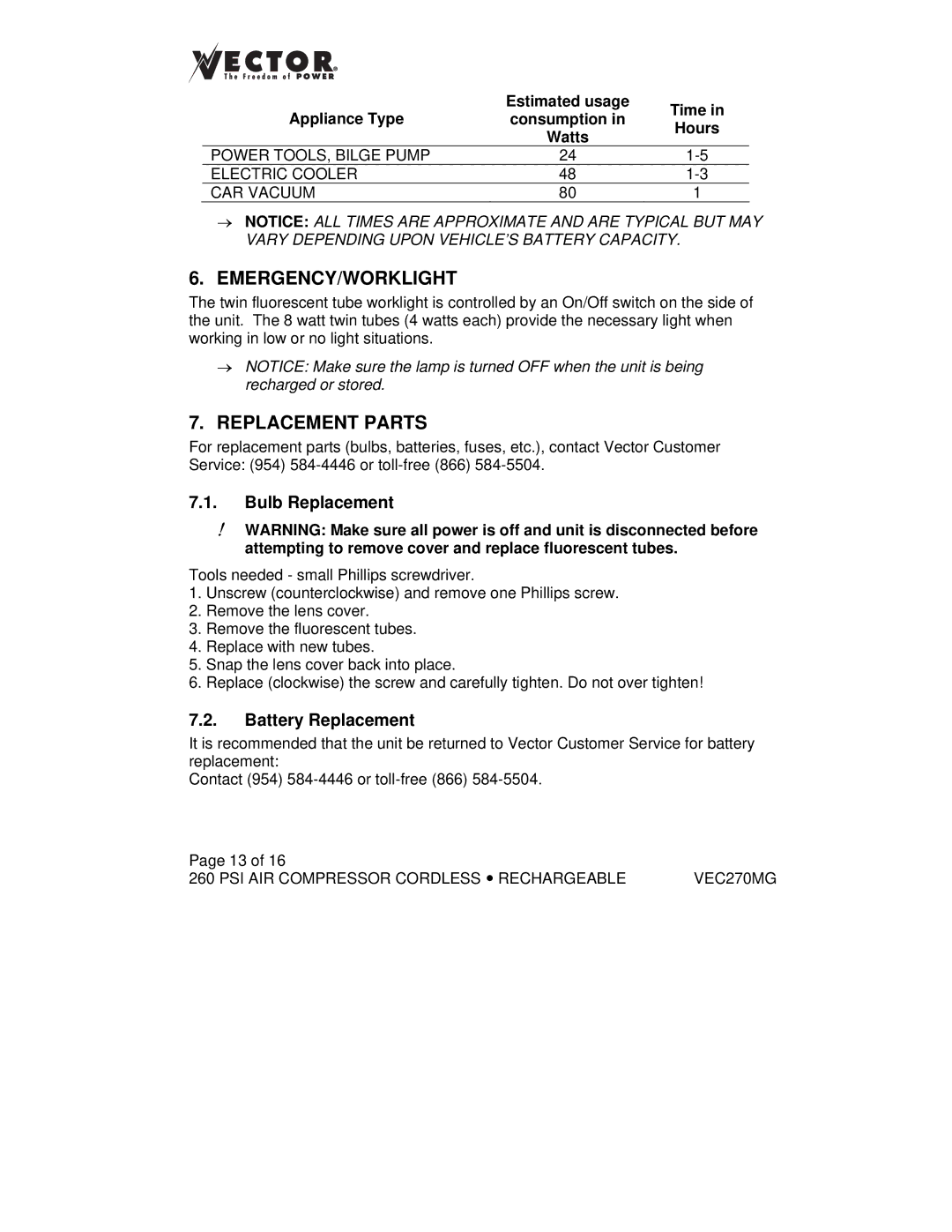 Vector VEC270MG owner manual Emergency/Worklight, Replacement Parts, Bulb Replacement, Battery Replacement 