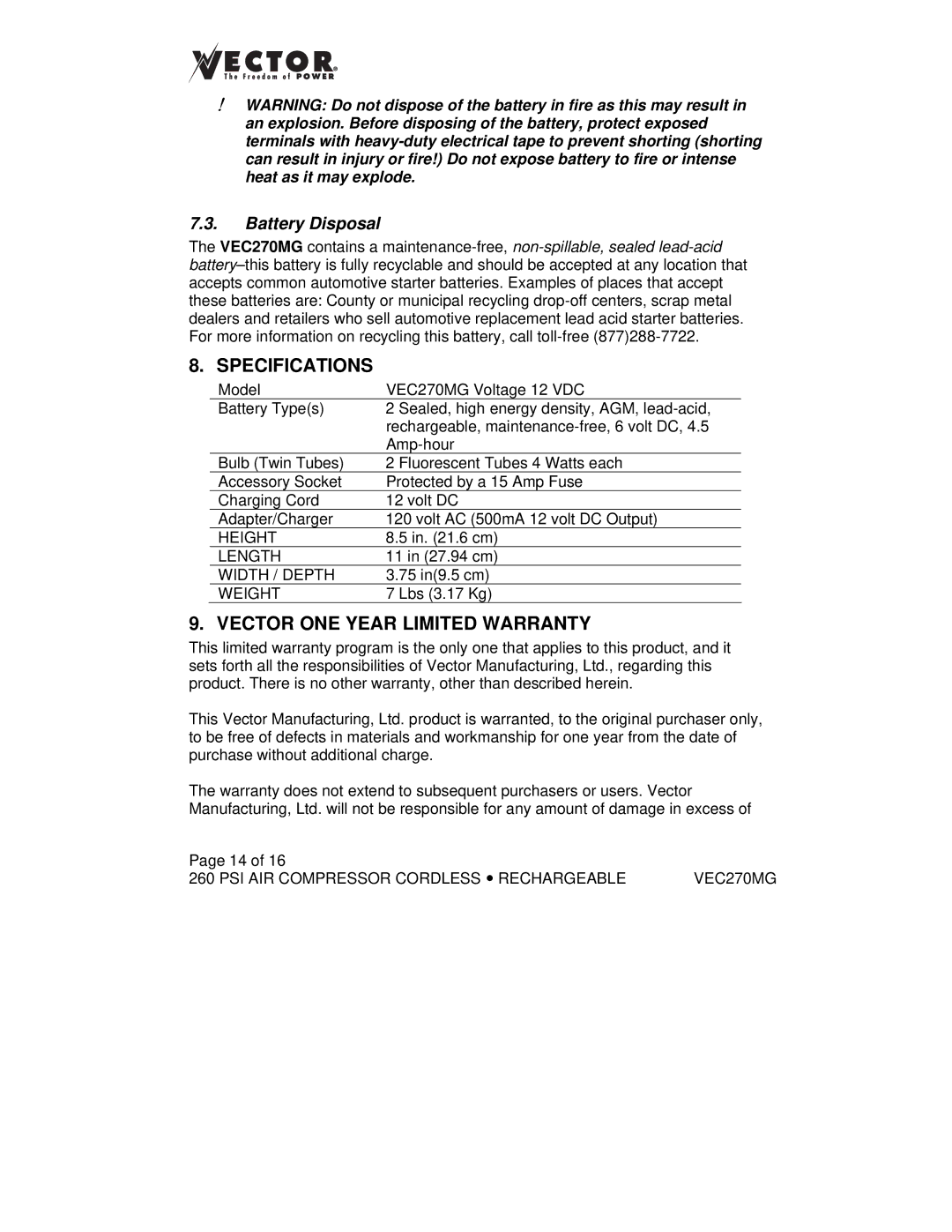 Vector VEC270MG owner manual Specifications, Vector ONE Year Limited Warranty, Battery Disposal 