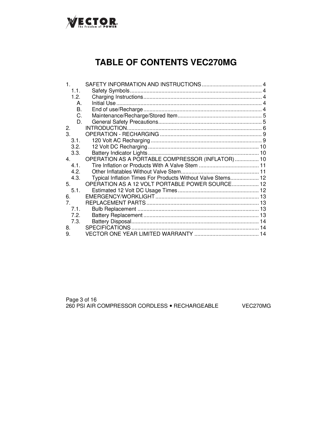 Vector owner manual Table of Contents VEC270MG 