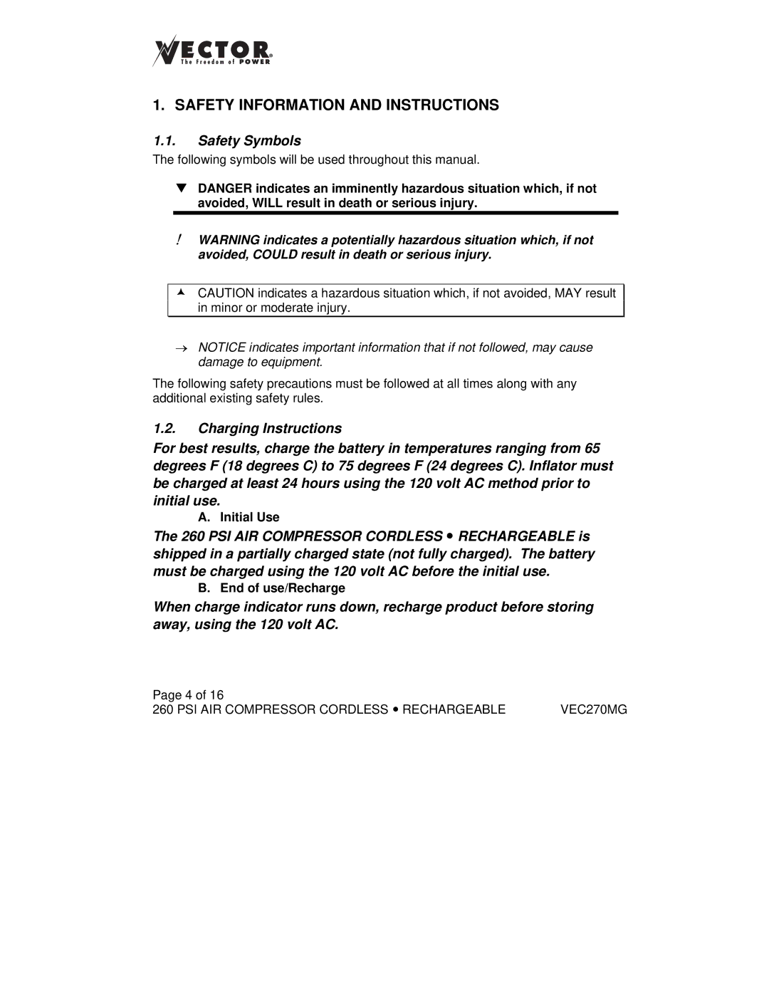 Vector VEC270MG owner manual Safety Information and Instructions, Safety Symbols 