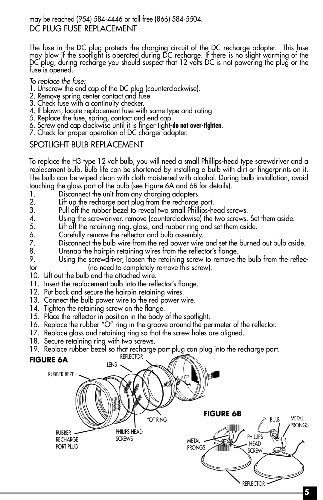 Vector VEC37R owner manual DC plug fuse replacement, Spotlight bulb replacement 