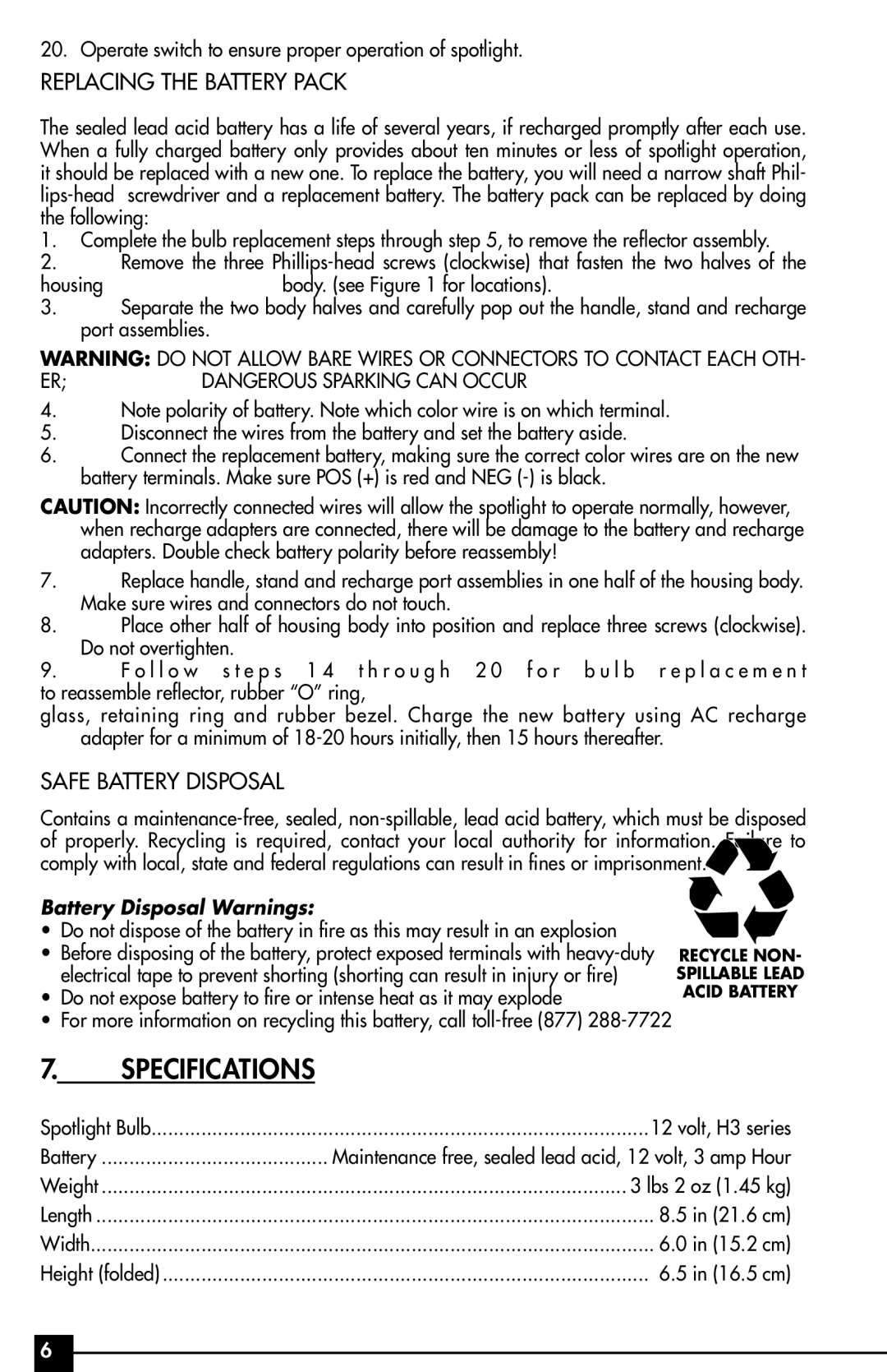 Vector VEC37R owner manual Specifications, Replacing the battery Pack 