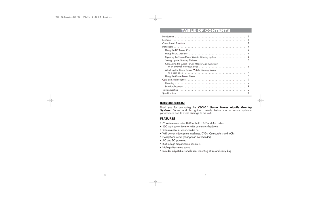 Vector VEC401 owner manual Table of Contents 