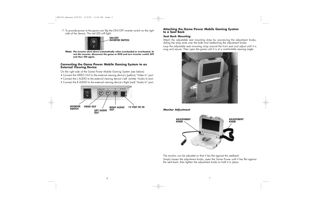 Vector VEC401 owner manual Attaching the Game Power Mobile Gaming System to a Seat Back 