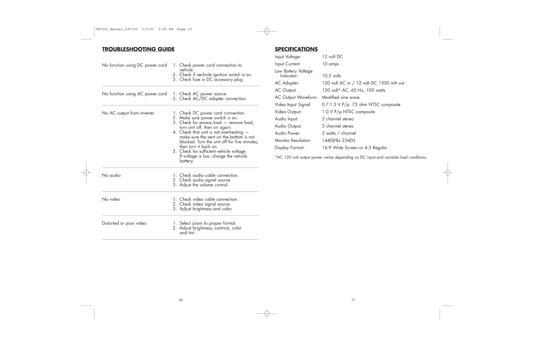 Vector VEC401 owner manual Troubleshooting Guide, Specifications 