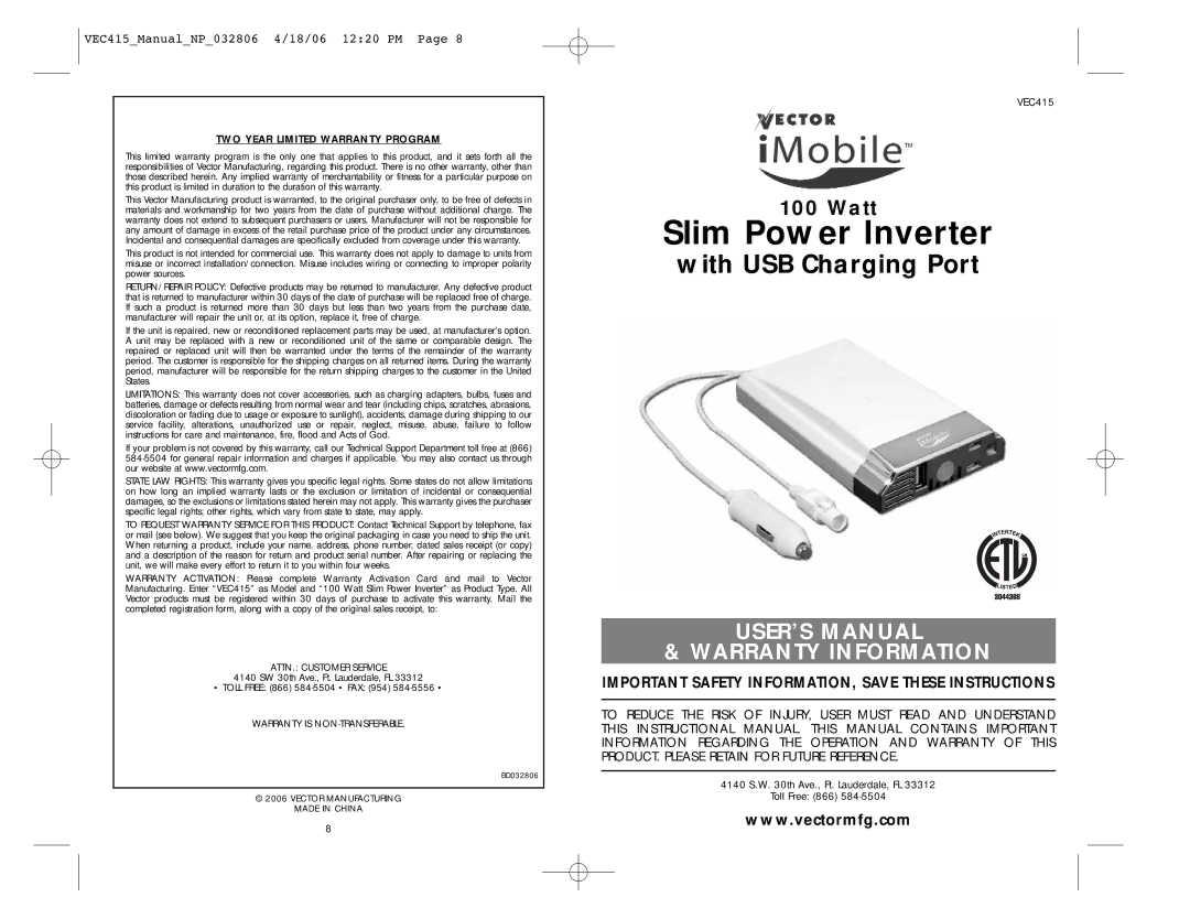 Vector BD032806, VEC415 user manual Slim Power Inverter 