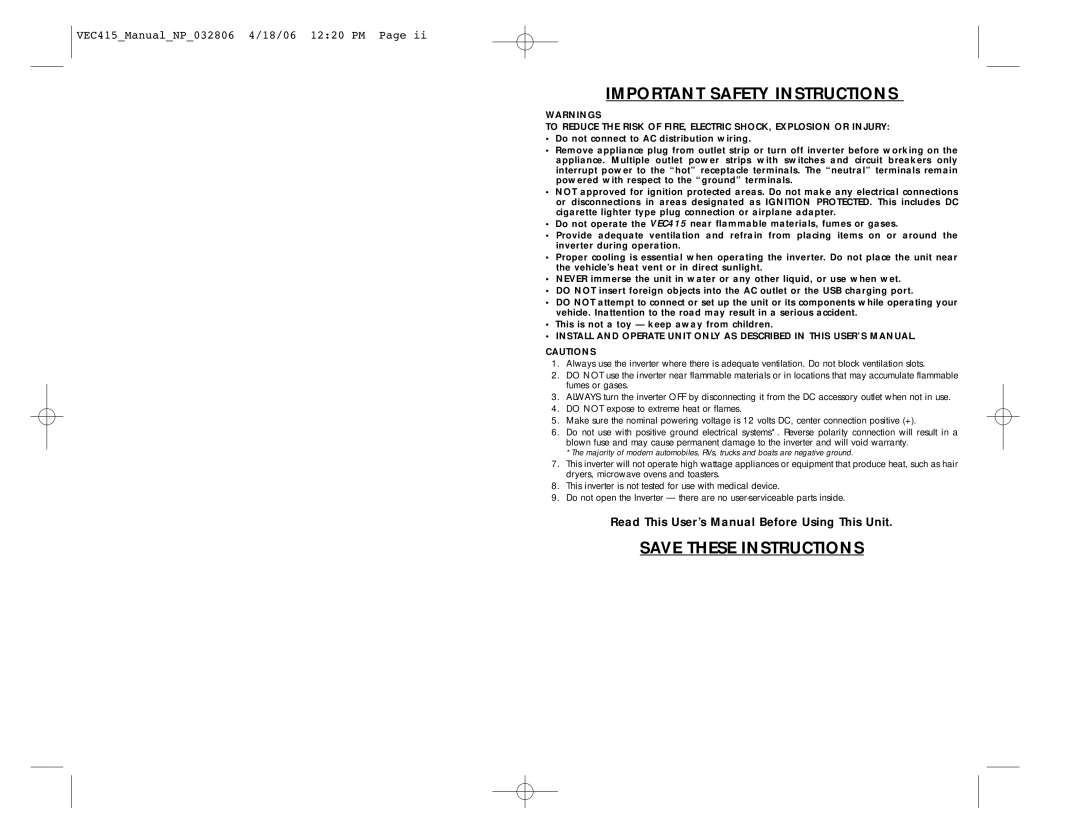 Vector VEC415, BD032806 user manual Important Safety Instructions 