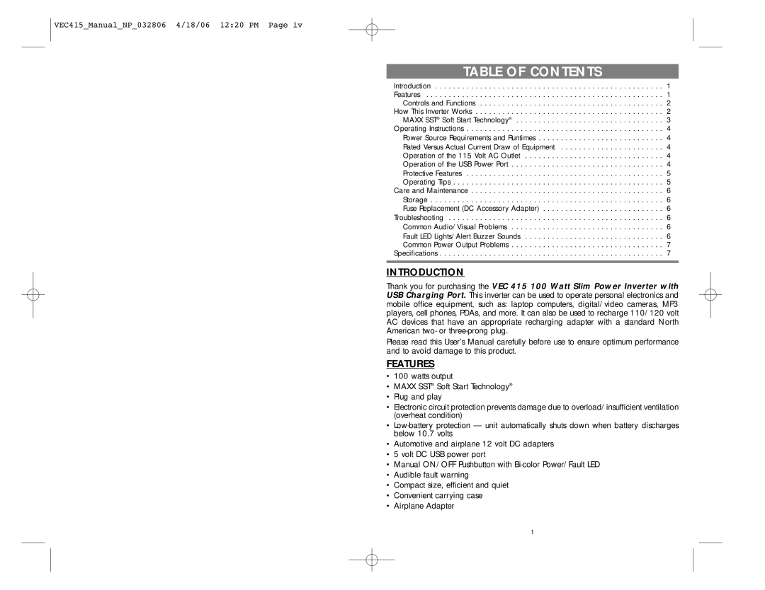 Vector BD032806, VEC415 user manual Table of Contents 