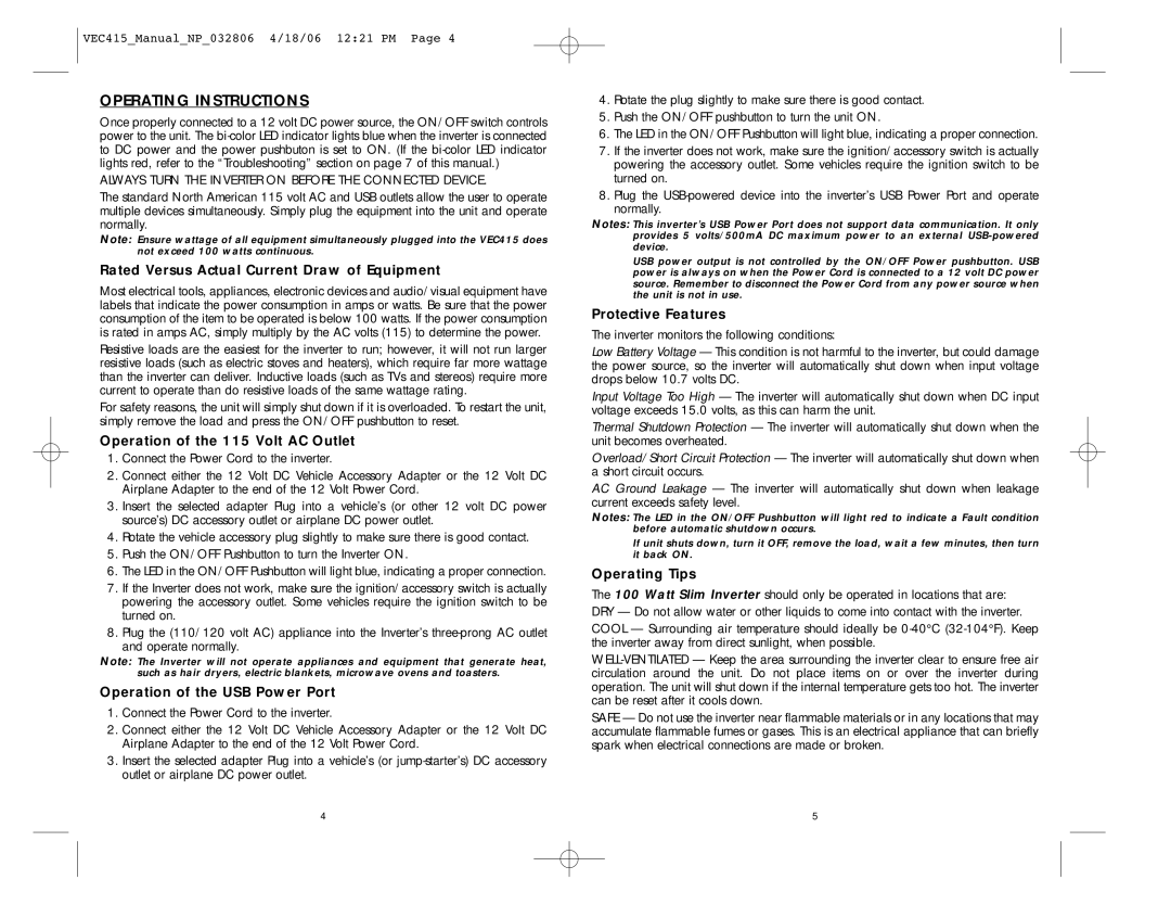 Vector BD032806, VEC415 user manual Operating Instructions 