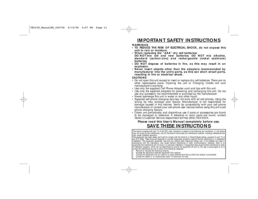 Vector VEC438 user manual Important Safety Instructions 