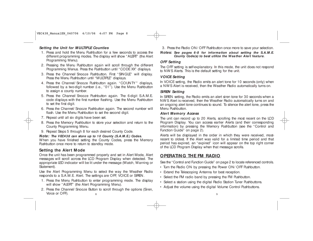 Vector VEC438 user manual Operating the FM Radio, Setting the Alert Mode 