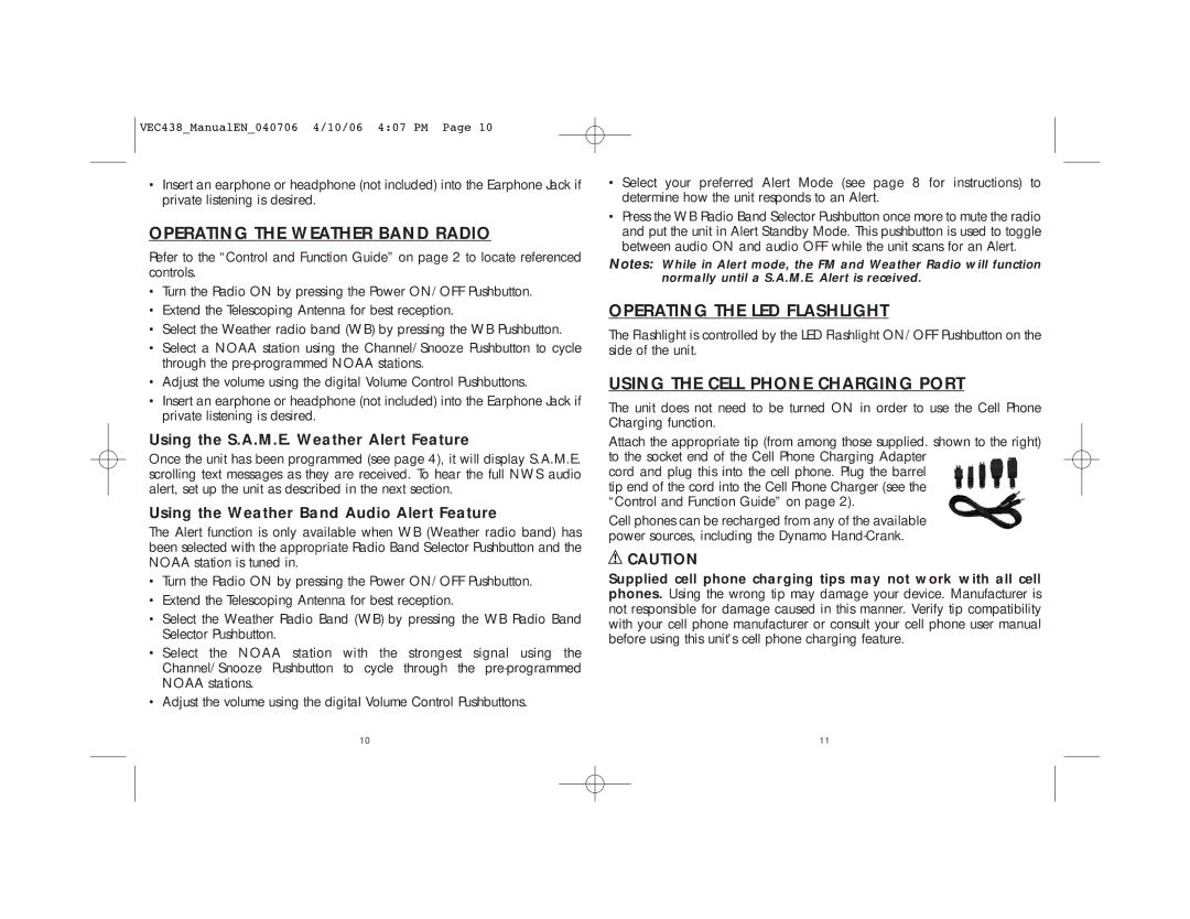 Vector VEC438 Operating the Weather Band Radio, Operating the LED Flashlight, Using the Cell Phone Charging Port 