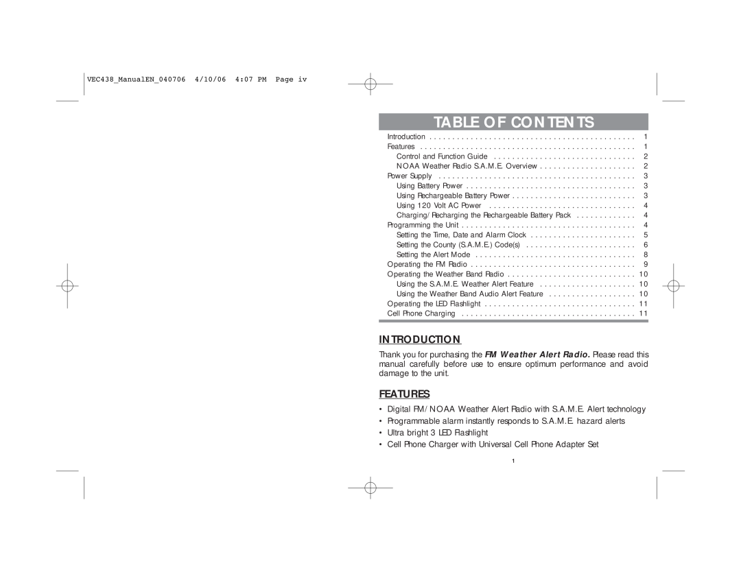 Vector VEC438 user manual Table Of Contents, Introduction, Features 