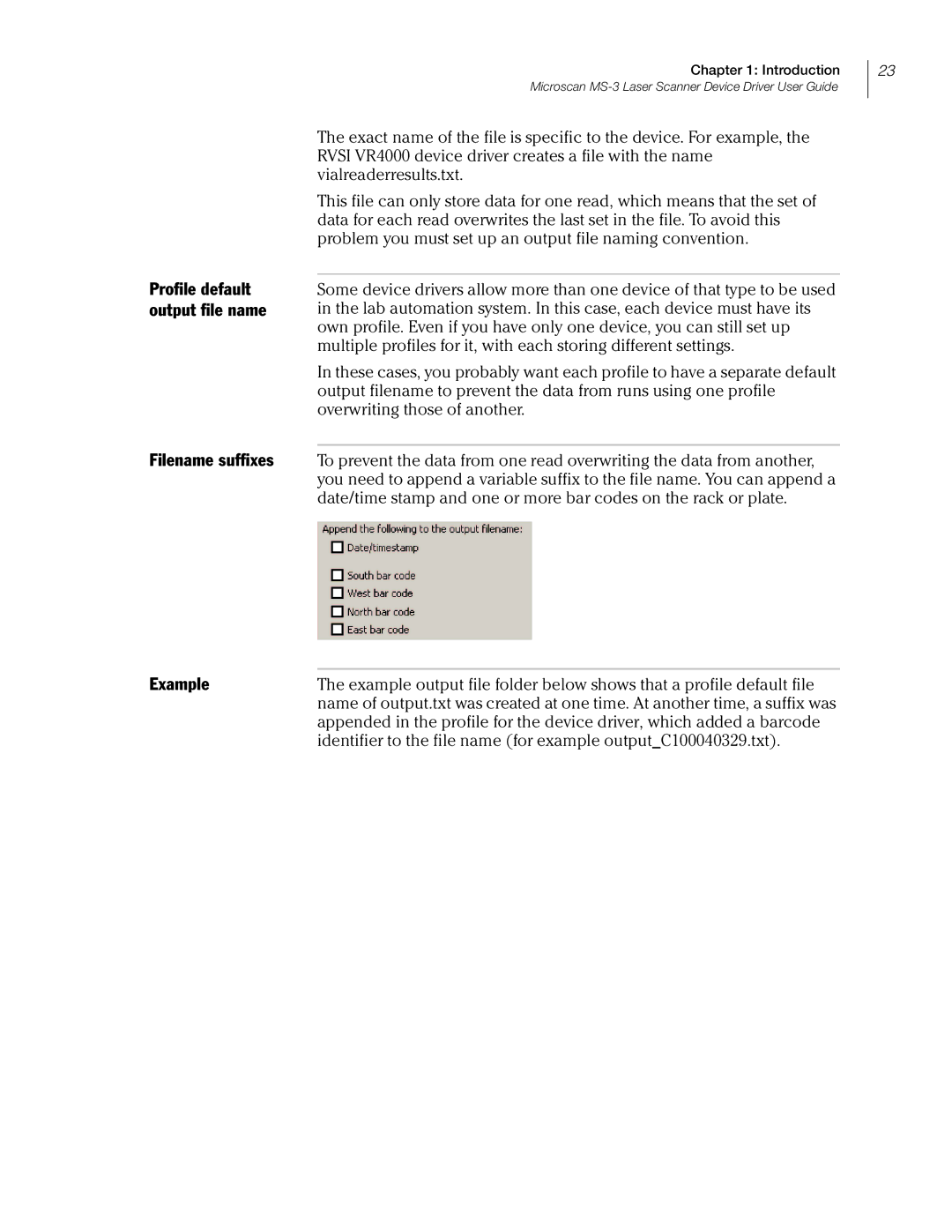 Velocity Micro MS-3 manual Profile default output file name Filename suffixes, Example 