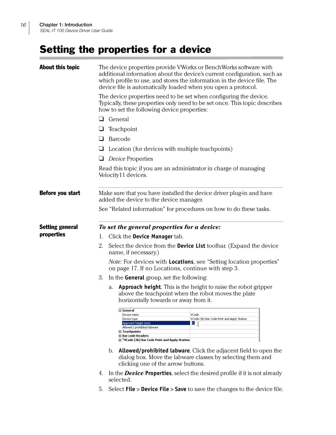 Velocity Micro SEAL-IT 100 manual Setting the properties for a device, Before you start Setting general properties 