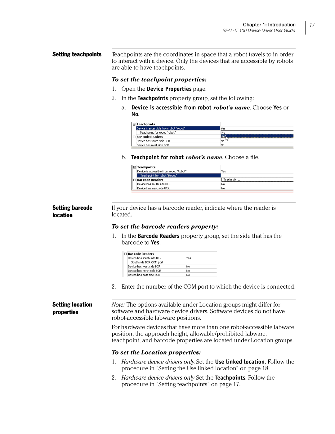 Velocity Micro SEAL-IT 100 manual Setting teachpoints, Setting location properties, Open the Device Properties 