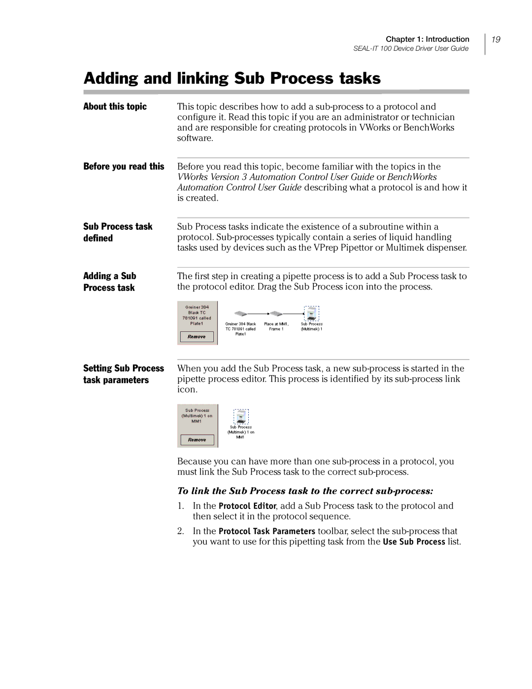 Velocity Micro SEAL-IT 100 manual Adding and linking Sub Process tasks, Sub Process task defined Adding a Sub 